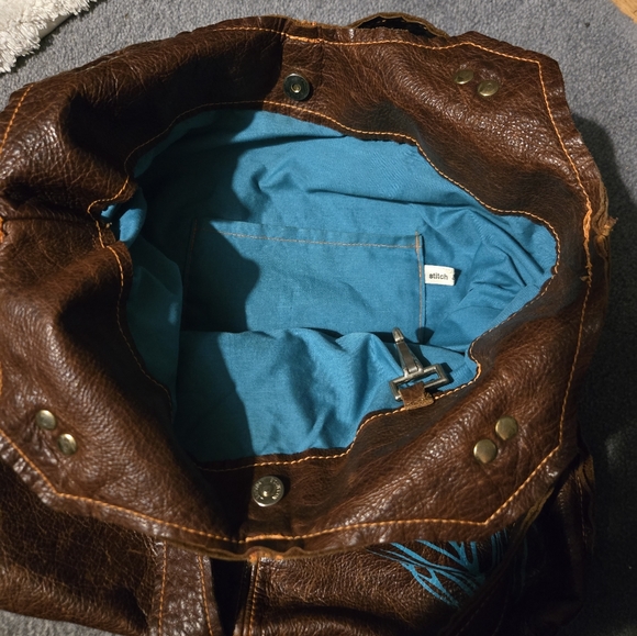 Brown Leather Tote with Blue Feather Design - Picture 3 of 3